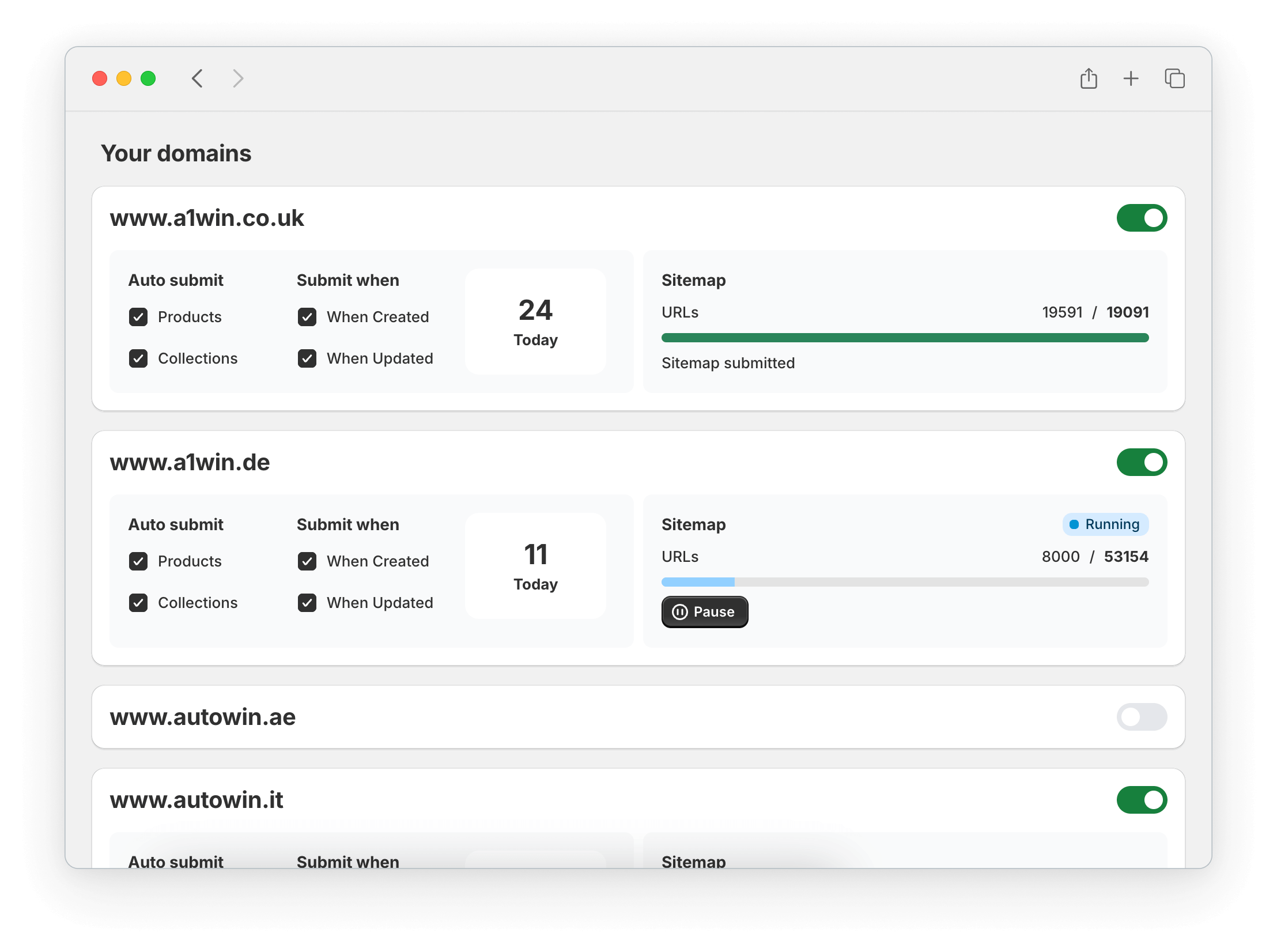 AutoWindex dashboard showing URL submission logs